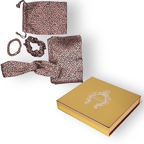 Pure Silk Pillowcase Headband Bundle Includes One Queen Silk Pillowcase (Leopard), One Silk Headband, One Silk Travel Bag, One Silk Med.& Sm. Scrunchie Set (5 pcs Total)
